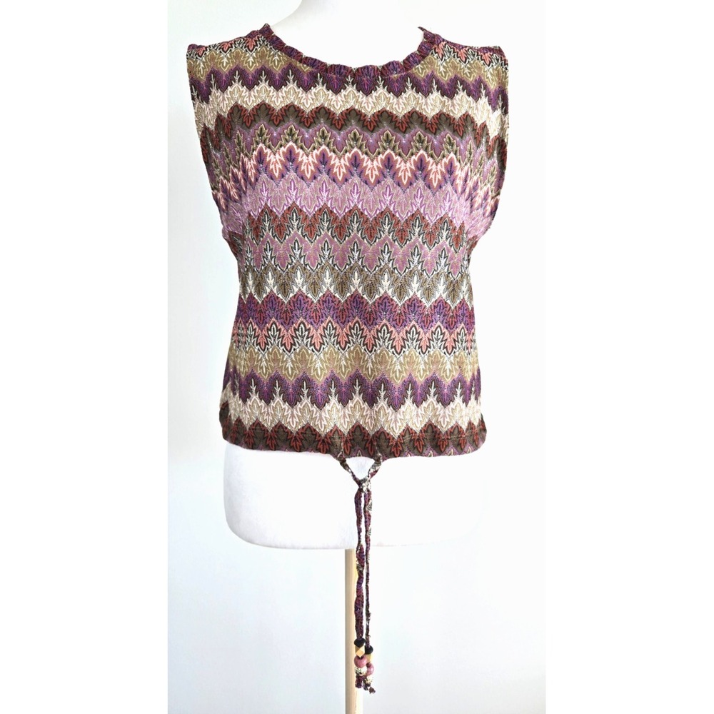 Piazaitalia Crochet Mesh Boxy Vest Waist Strings Geometric Y2K 70s Boho See thru